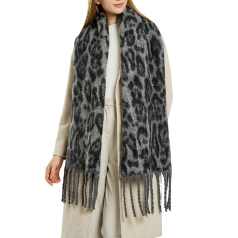 Grey and Black Leopard Print Blanket Scarf