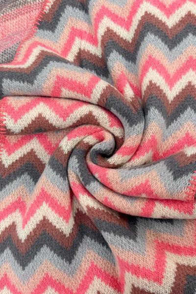 Close-up of a folded fabric with pink and gray zigzag pattern