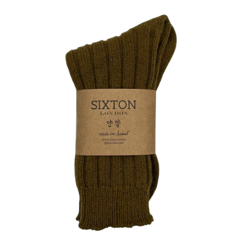 khaki green ribbed cashmere blend sock with a Sixton London label on a white background