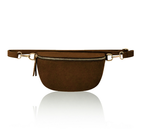 Brown suede bum bag with gold zipper and hardware on a white background