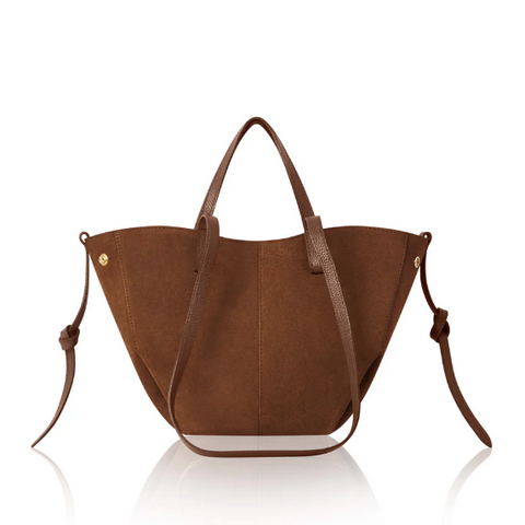 Brown tote bag with shoulder strap on a white background