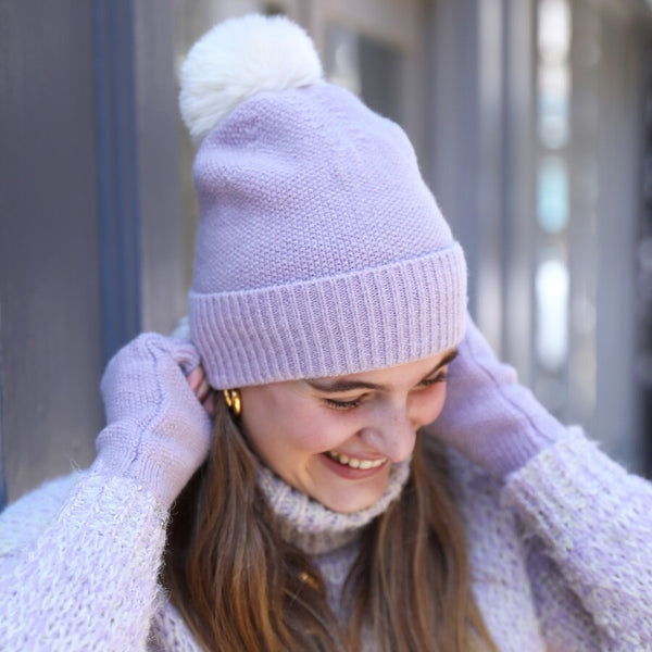 Lilac and Cream Knit Bobble Hat from Lisa Angel