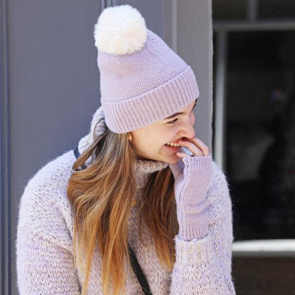 Lilac Knit Hand Warmers and bobble hat from Lisa Angel