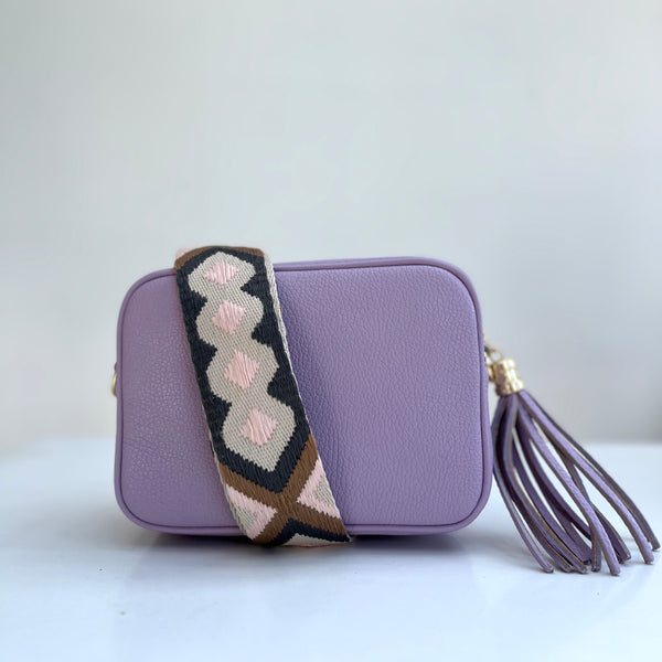 Aztec Ballet Pink and Charcoal Grey Woven Bag Strap with lilac leather tassel bag