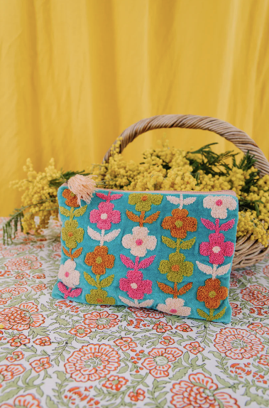 Mint Green Multi Flower Velvet Pouch Large or Small Alice s Wonders UK