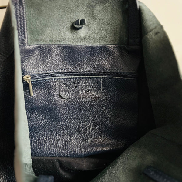 Navy Blue Leather Tote Bag