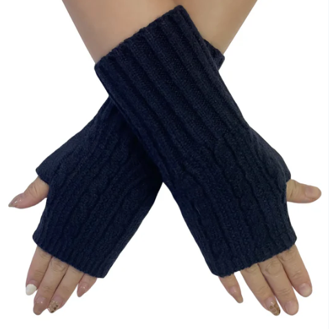 Navy blue fingerless gloves worn on a white background