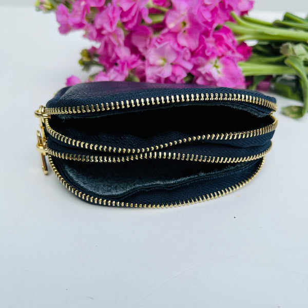 Navy Blue Leather Double Zip Coin Purse