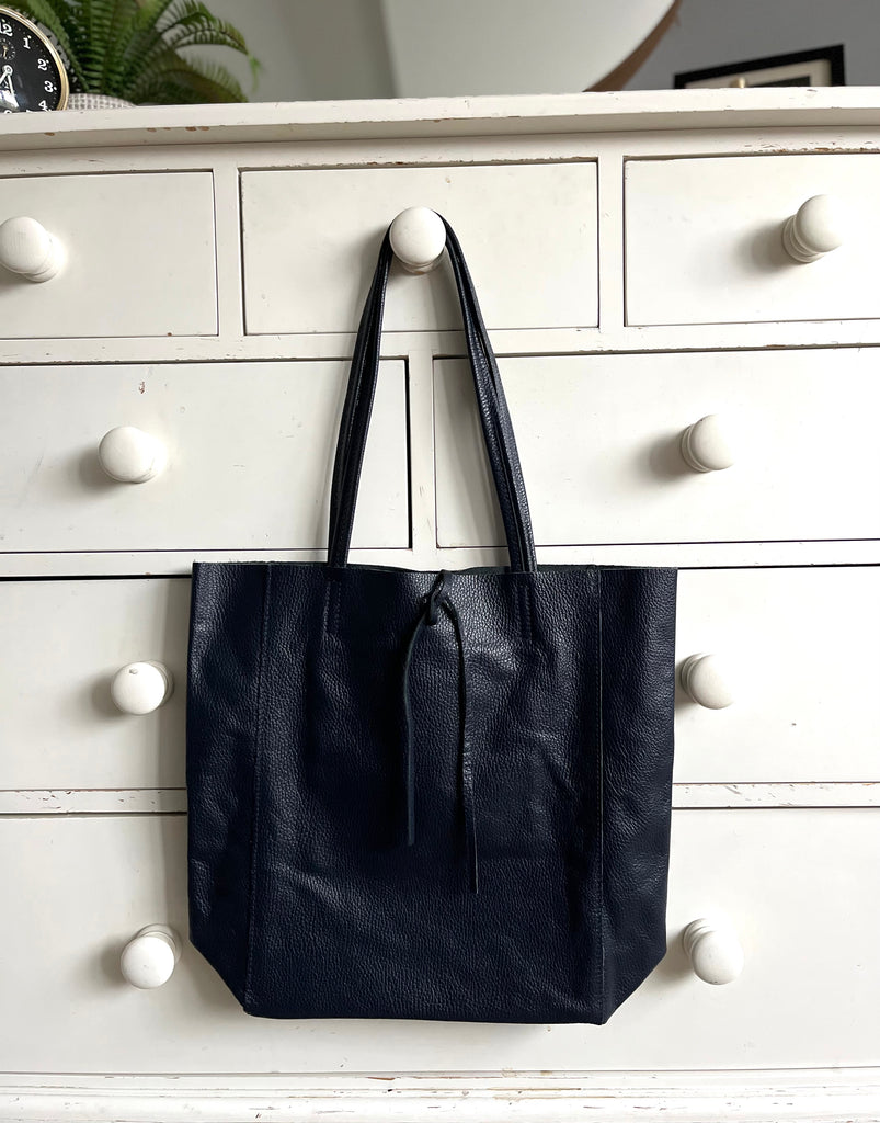 Black leather top tote bag