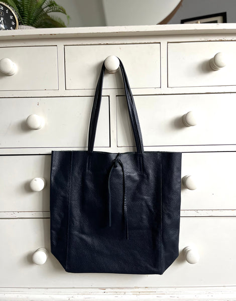 Navy Blue Leather Tote Bag