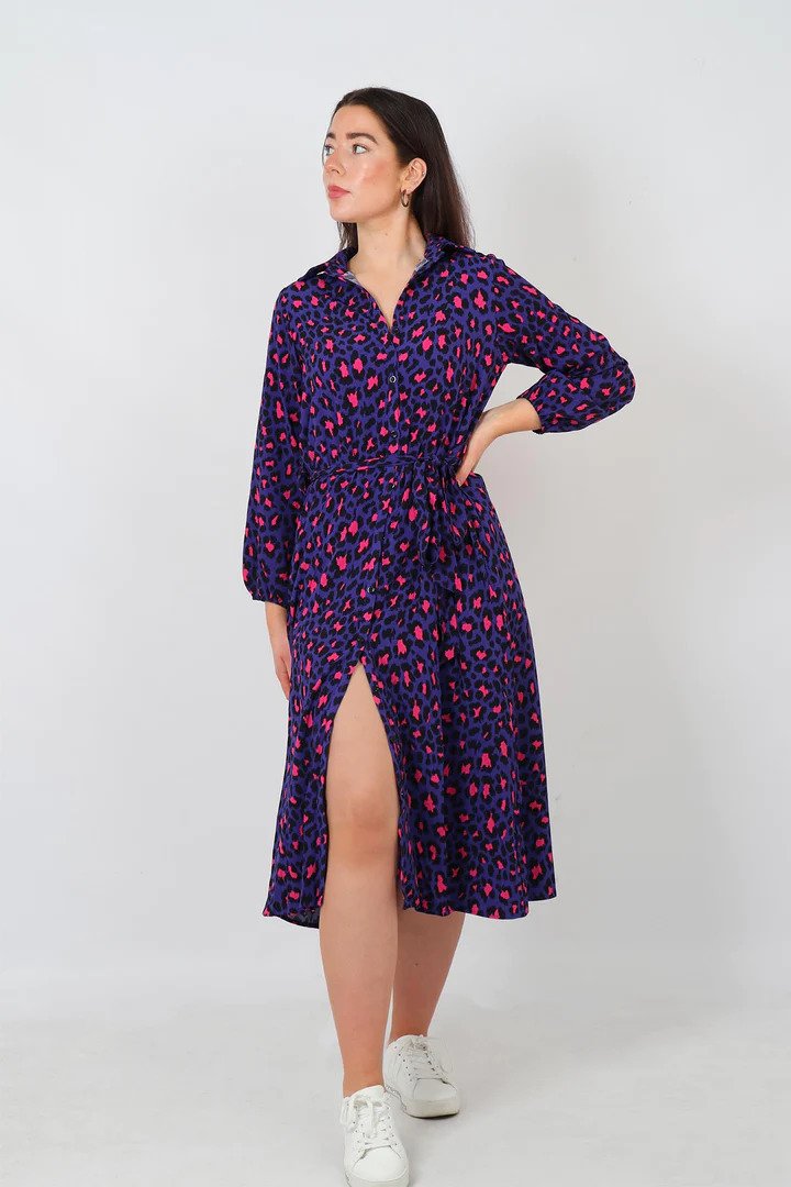 Blue and Pink Scattered Leopard Print Shirt Dress - with pockets Sarta at Miss Shorthair