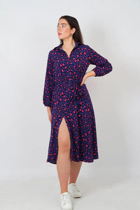 Blue and Pink Scattered Leopard Print Shirt Dress - with pockets Sarta at Miss Shorthair