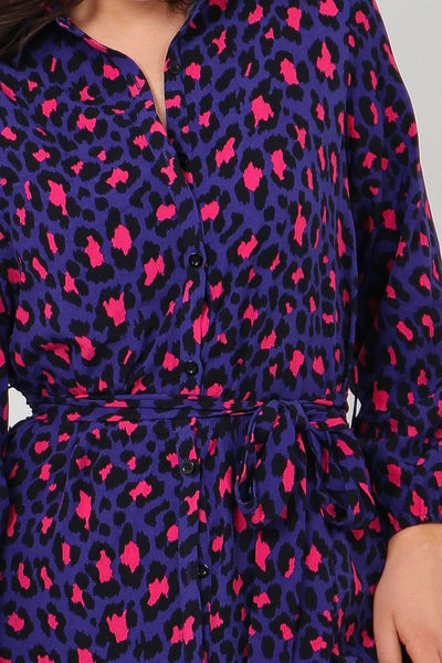 Blue and Pink Scattered Leopard Print Shirt Dress - with pockets Sarta at Miss Shorthair