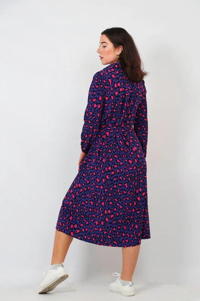 Blue and Pink Scattered Leopard Print Shirt Dress - with pockets Sarta at Miss Shorthair