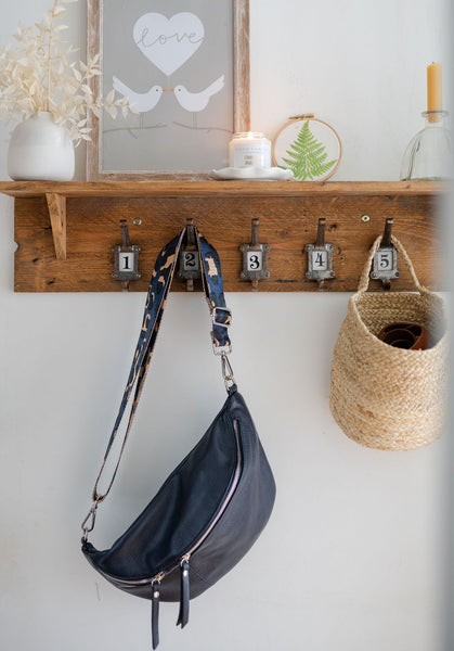 Black Large Leather Waist Bag with silver hardware and navy animal print strap - photographed by AnySomething Photography