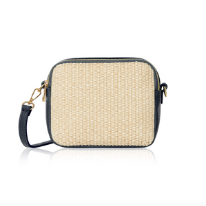 Navy Blue Leather and Straw Cross Body Bag