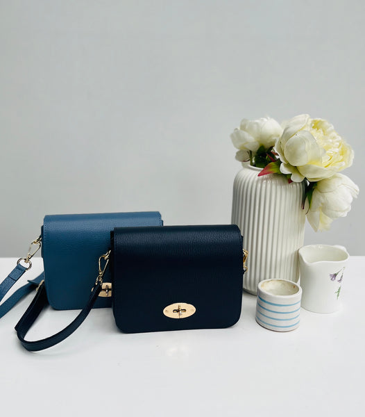 Navy and denim Blue Leather Crossbody Lock Bag