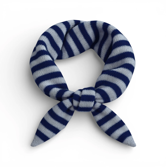 Blue and white striped scarf tied into a knot on a white background
