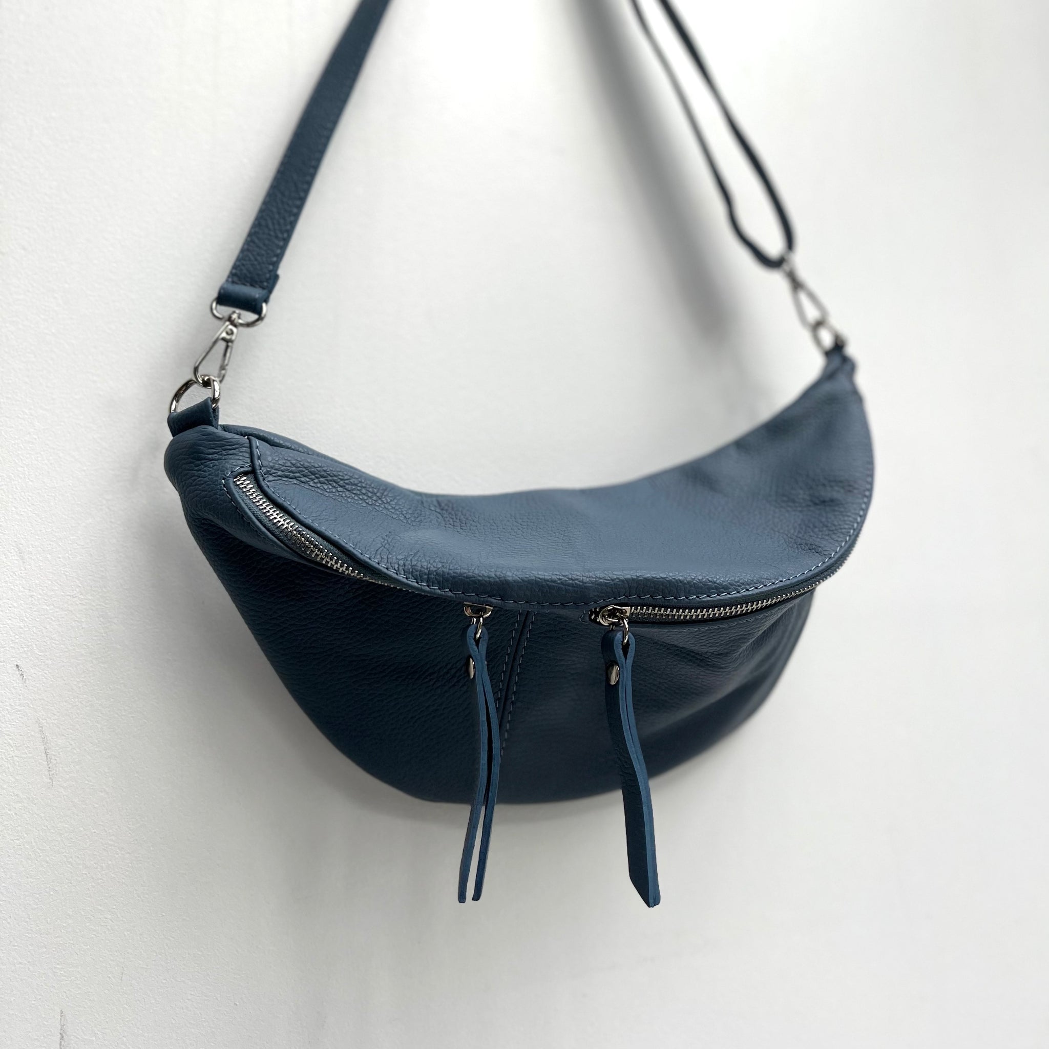 Navy Blue Leather Large Waist Bag (silver hardware)