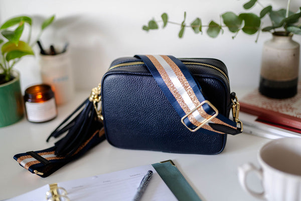 Navy Blue and Rose Gold Stripe Bag Strap with Navy Leather Tassel Bag AnySomething Photography