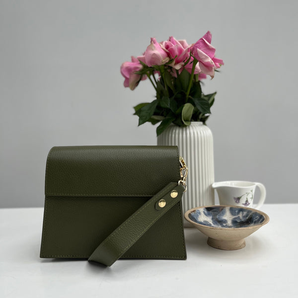 Olive Green Leather Structured Crossbody Bag