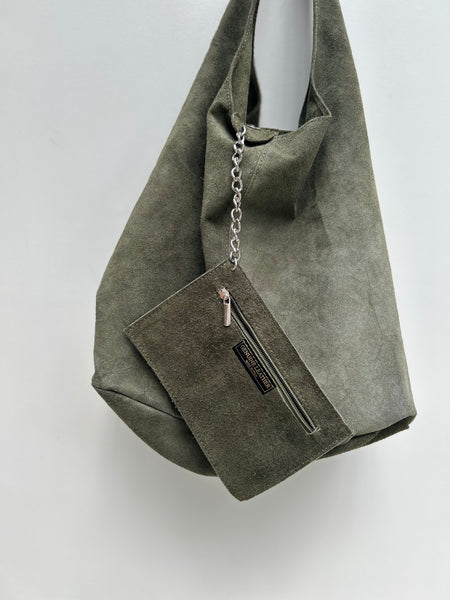 olive Green handbag with a pocket chain detail on a white background