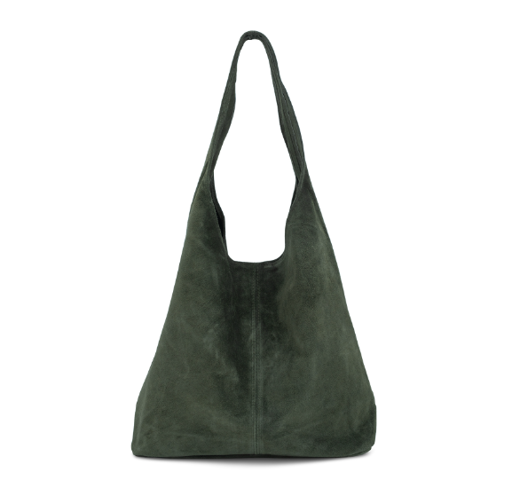 olive Green suede handbag on a white background