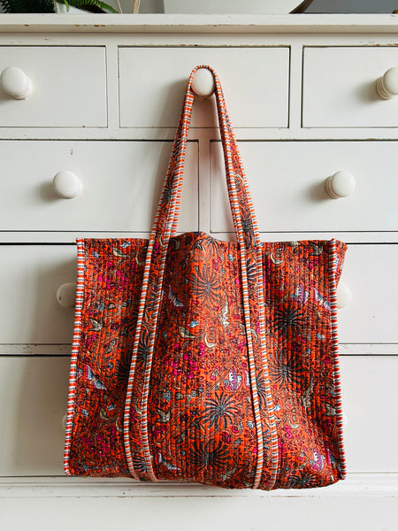 Orange Floral Large Cotton Tote Bag