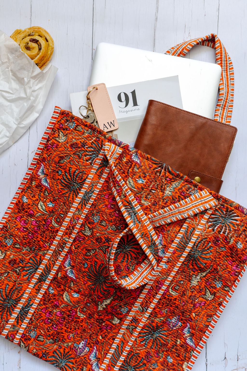 Orange Floral Large Cotton Tote Bag