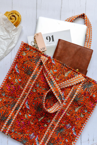 Orange Floral Large Cotton Tote Bag