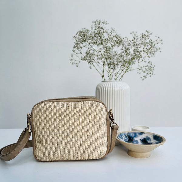Pale Taupe Leather and Straw Cross Body Bag