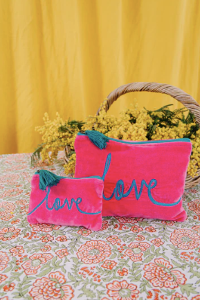 Pink and Aqua Love Velvet Pouch (Large or Small)