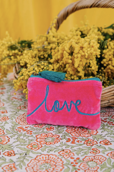 Pink and Aqua Love Velvet Pouch (Large or Small)