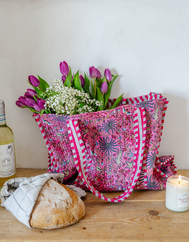 Pink Floral Large Cotton Tote Bag