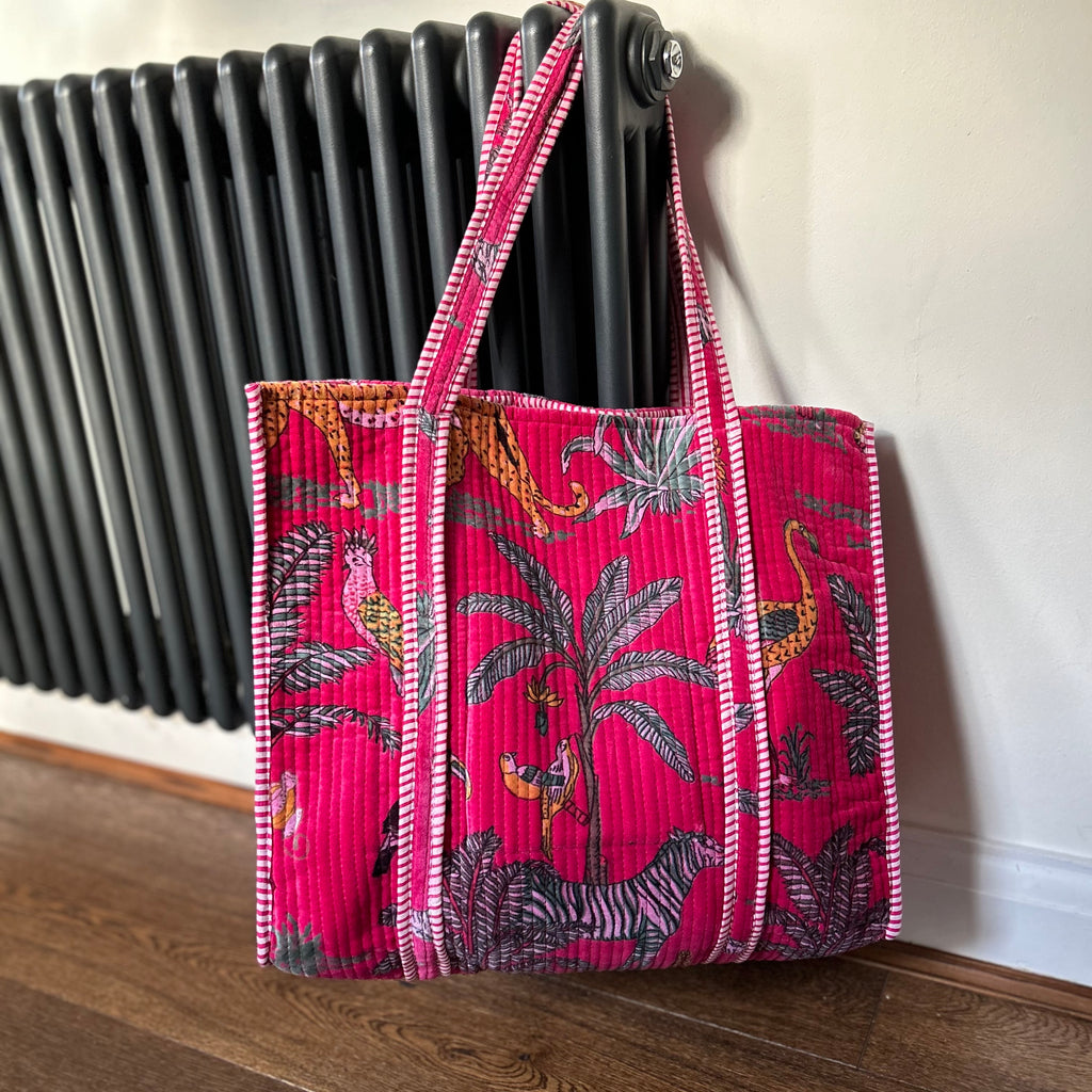 Raspberry Pink Jungle Print Large Velvet Tote Bag Alice s Wonders UK