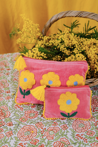 Pink and Yellow Flower Velvet Pouch (Large or Small)