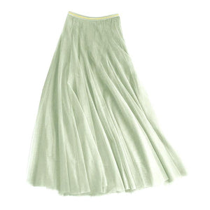 Pistachio Green Tulle Midi Skirt with Gold Waistband