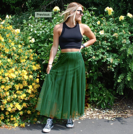 Racing Green Tulle Midi Skirt with Gold Waistband