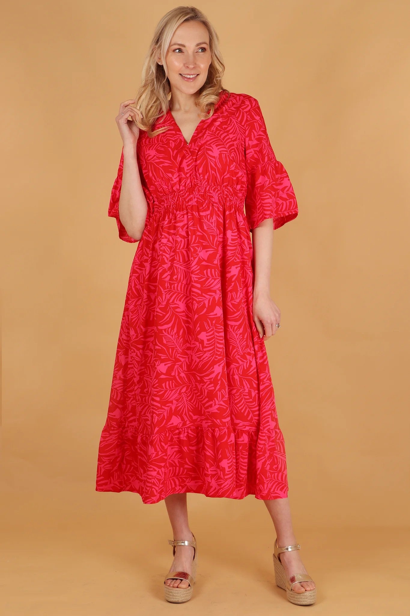 Red and Pink Tropical Print Fluted Sleeve Midi Dress - with pockets Sarta