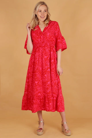 Red and Pink Tropical Print Fluted Sleeve Midi Dress - with pockets Sarta