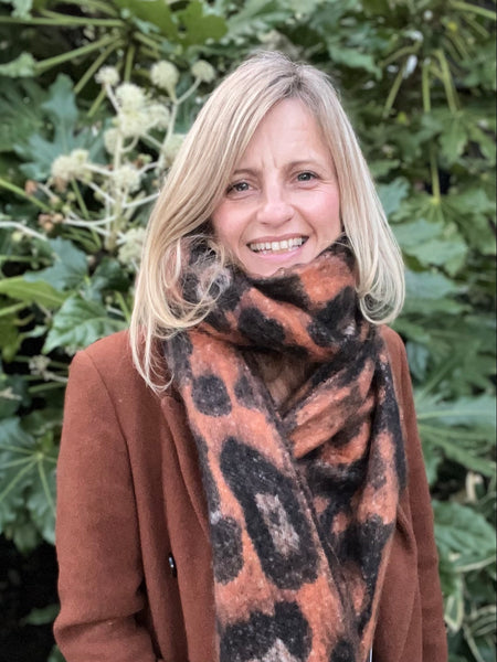Rust Leopard Print Chunky Blanket Scarf worn by Cathy 