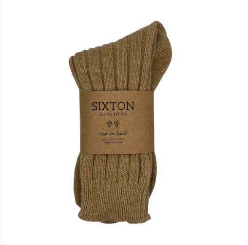 Brown cashmere blend ribbed sock with 'Sixton London' label on a white background