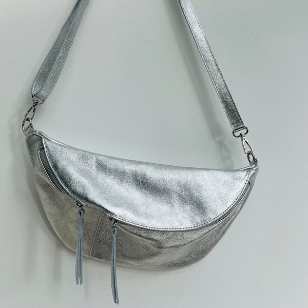 Silver Leather Large Waist Bag (silver hardware)