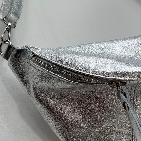 Silver Leather Large Waist Bag (silver hardware)