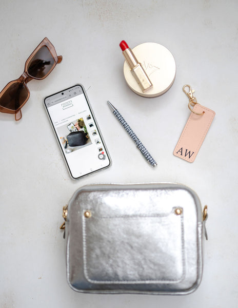 Silver Leather Double Zip Cross Body Bag