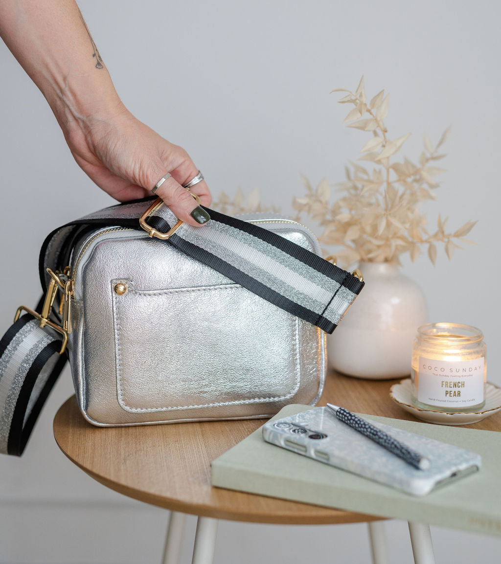 Silver Leather Double Zip Cross Body Bag Alice s Wonders UK