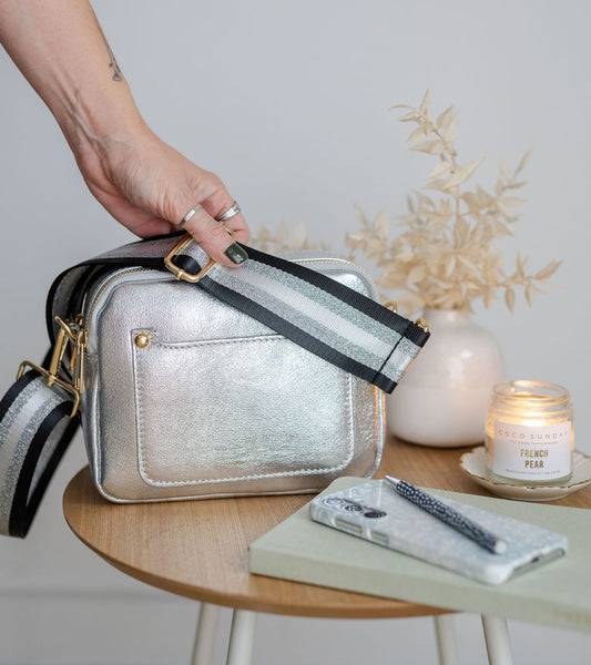 Silver Leather Double Zip Cross Body Bag