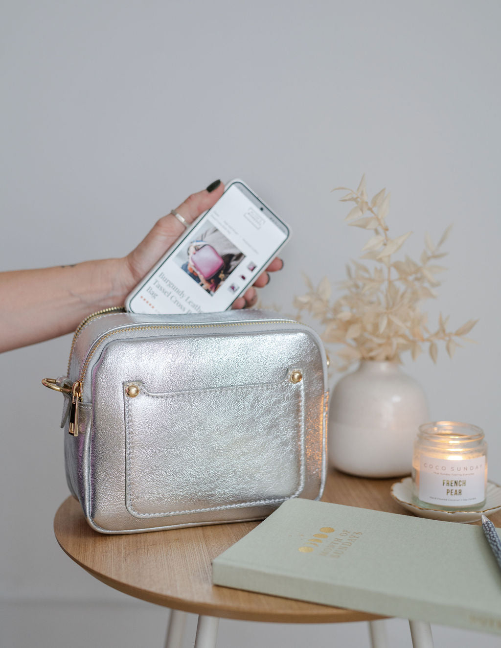Silver leather bag sales