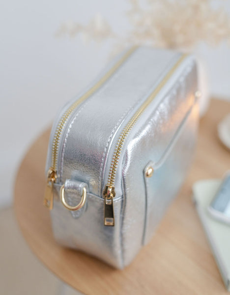 Silver Leather Double Zip Cross Body Bag