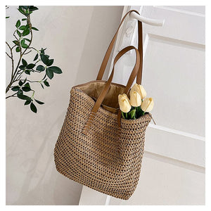 Beige Straw Shoulder Tote Bag
